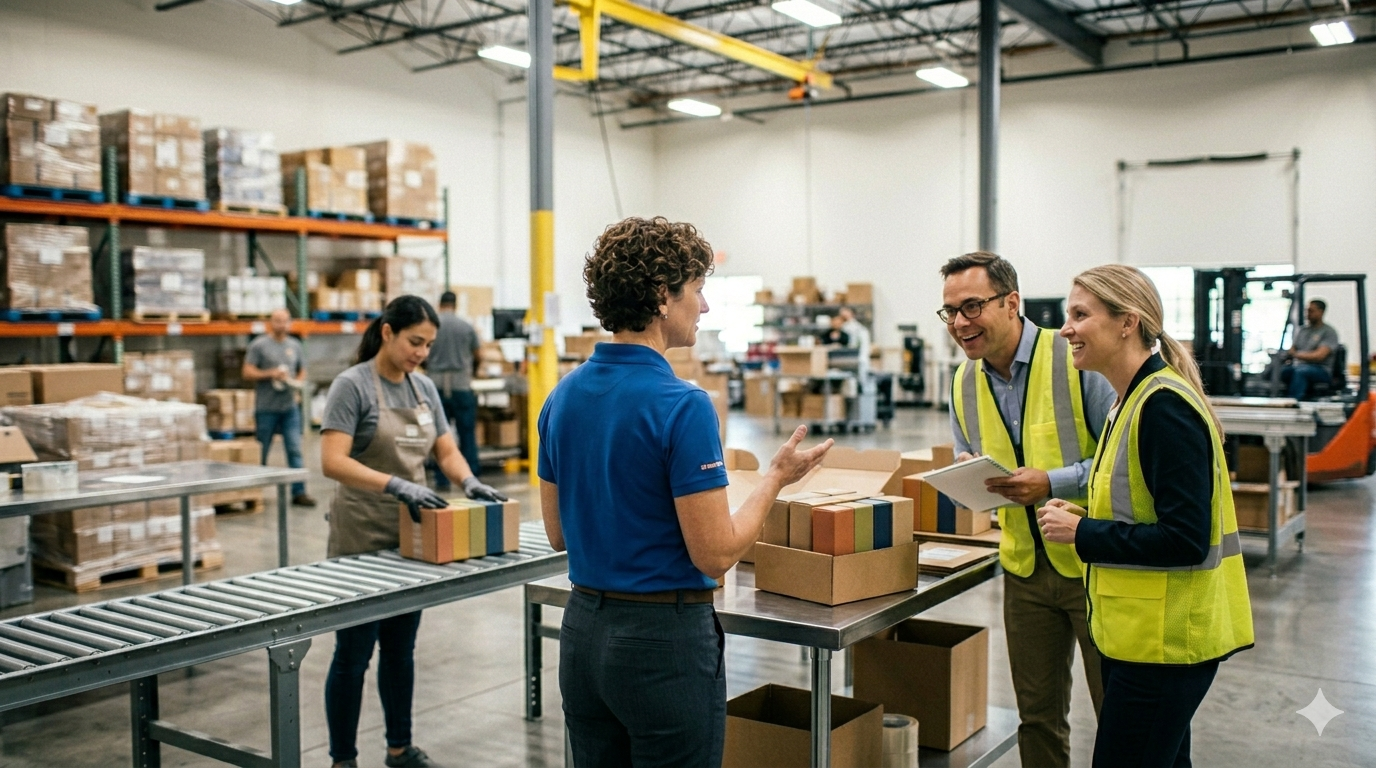 Warehouse worker assembling multi-SKU variety pack boxes on a kitting line in a 3PL facility