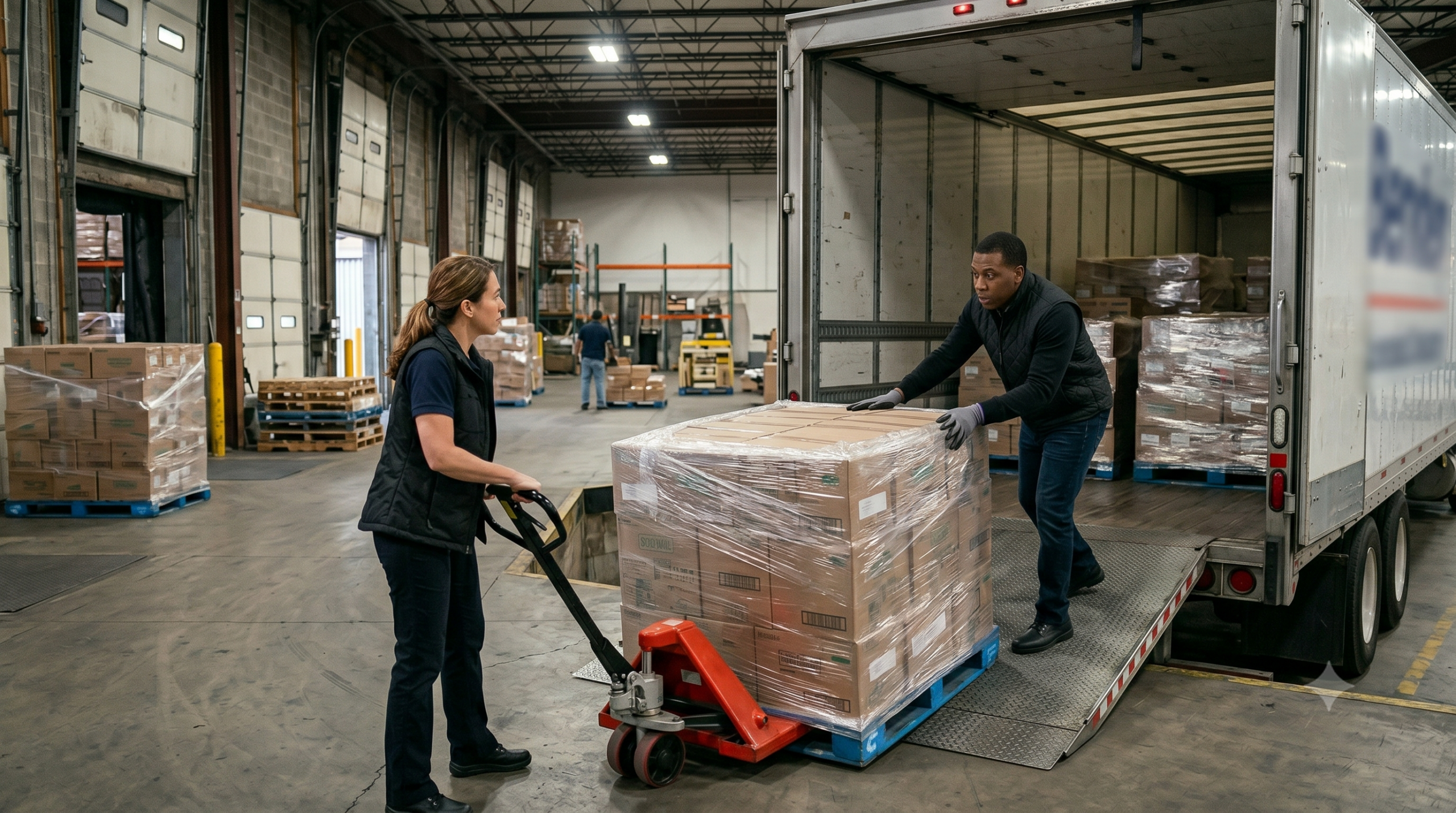 Warehouse team loading a wrapped pallet onto a delivery truck at a food-grade 3PL warehouse