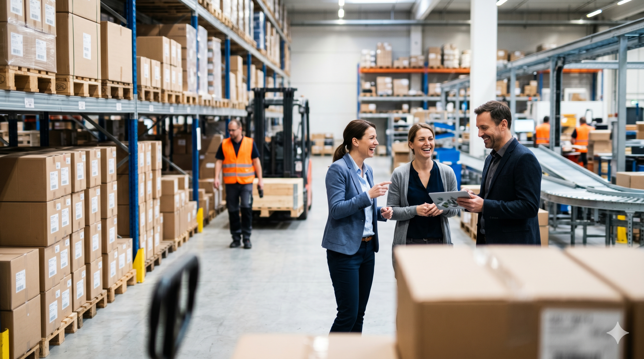 Logistics professionals reviewing regional transportation partner options on a tablet inside a distribution warehouse