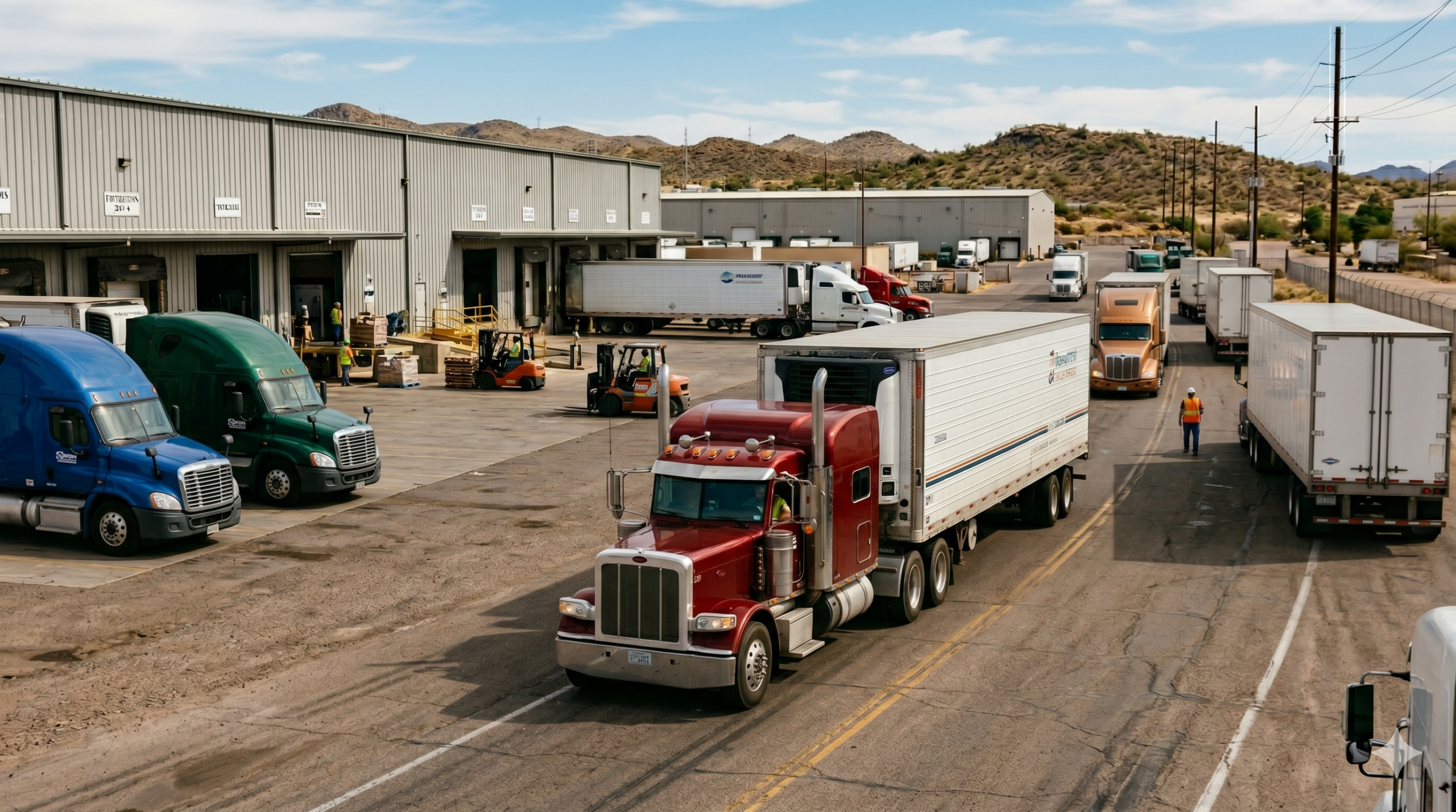 Multiple refrigerated semi-trucks at a busy Southwest US distribution facility yard