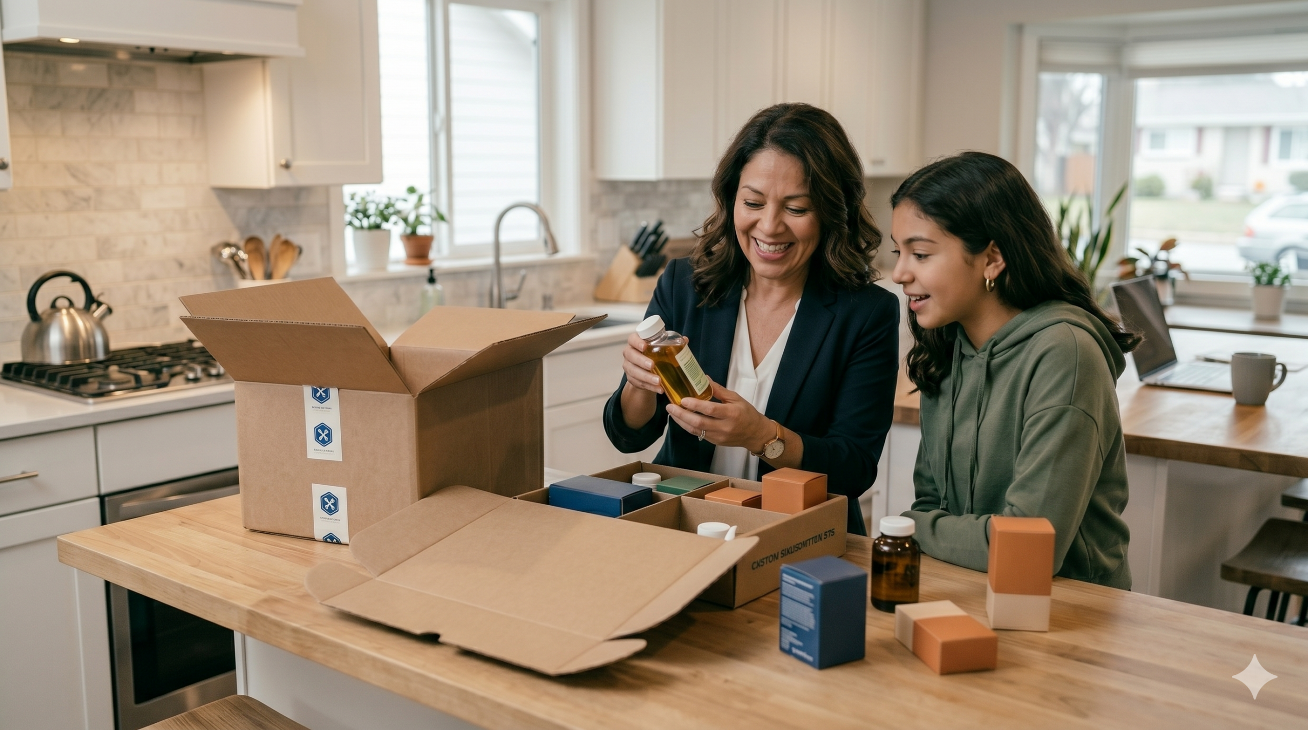 CPG brand owner reviews kitting and labeling services product components from an unboxed shipment kit at home