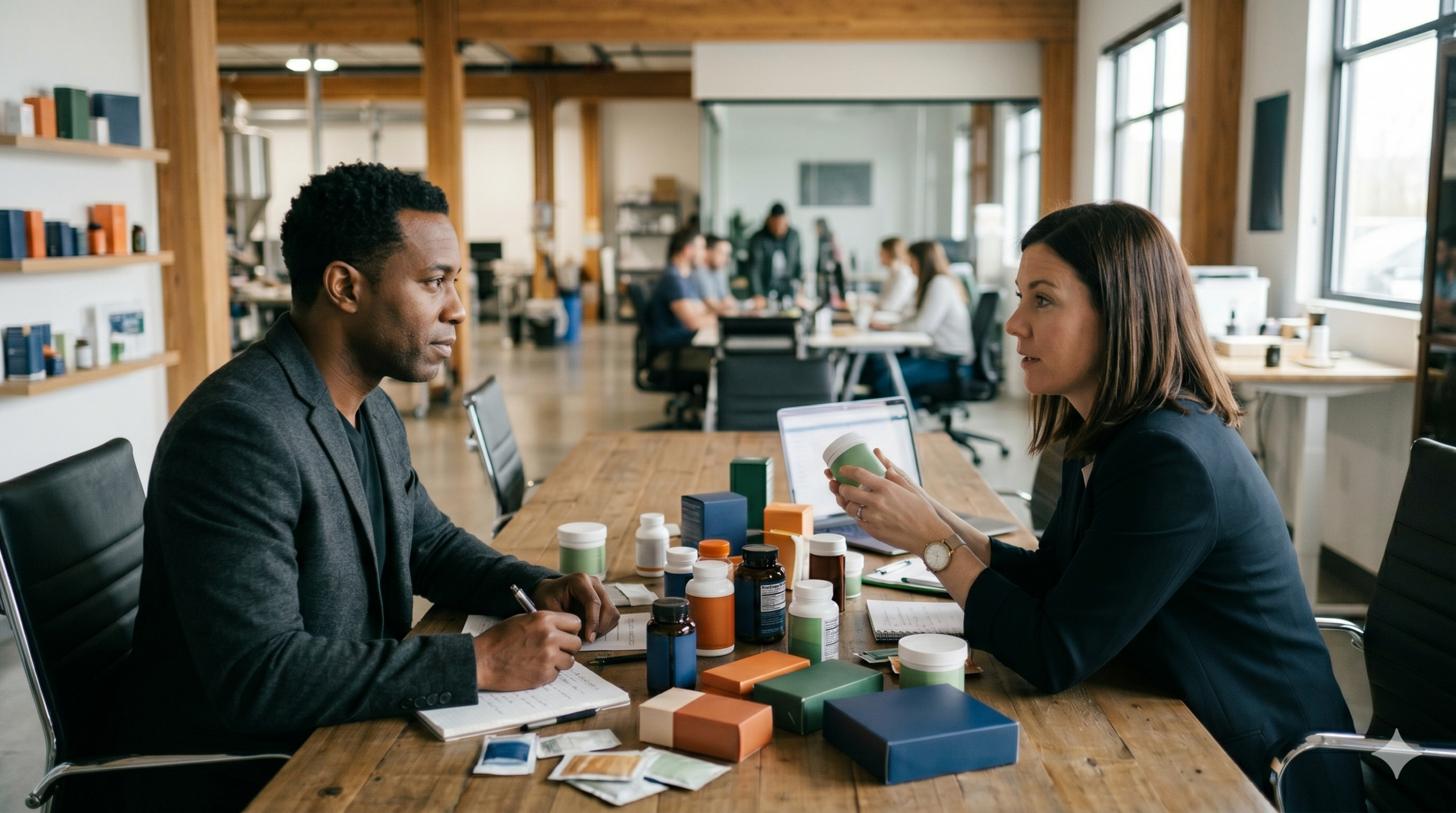 Brand representative and 3PL partner review kitting and labeling services options with product samples at an office meeting
