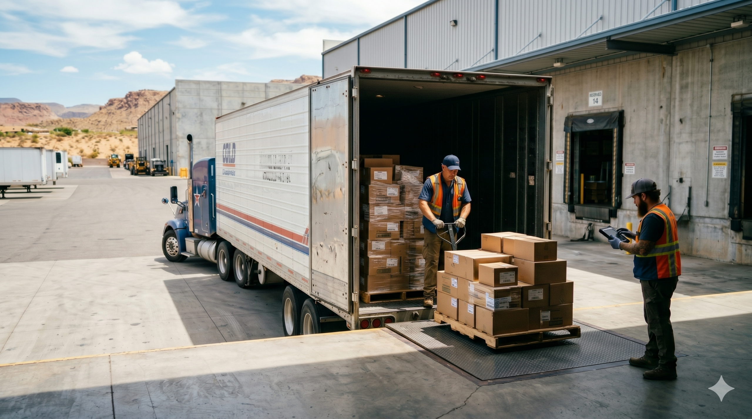 Workers unloading pallets from a refrigerated semi-truck at a Southwest US distribution facility