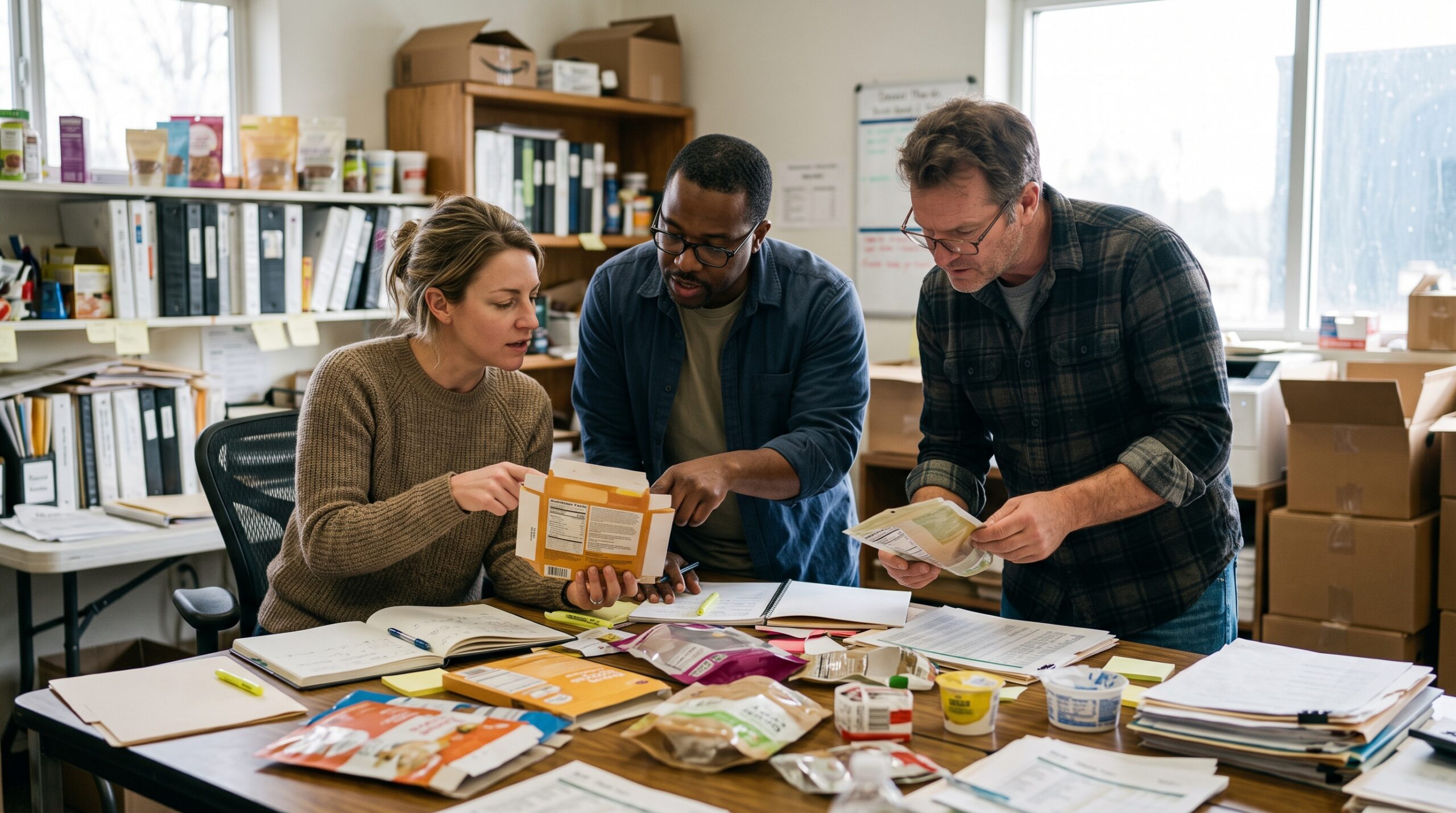 CPG brand team reviews food and beverage packaging labels and retail compliance specs before choosing a 3PL
